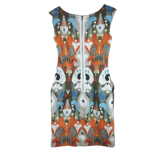 Maggy London Midi Sheath Dress Ikat Print Abstract Art Size 2 Sleeveless Pockets - Picture 2 of 8